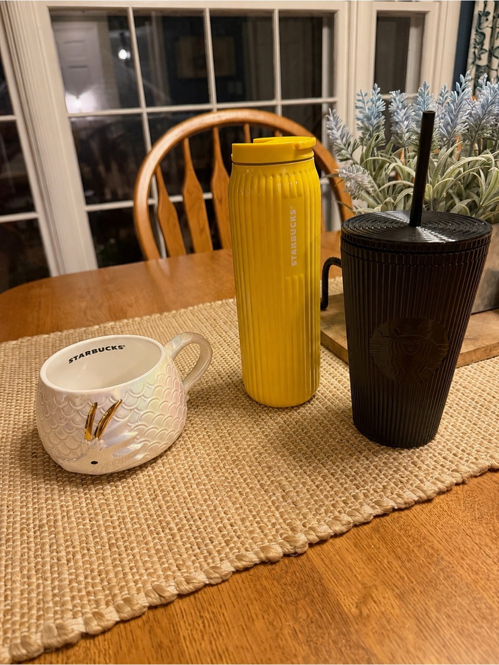 Starbucks Yellow Ribbed Tumbler + Dragon Starbucks Cup + Starbucks Black Cup